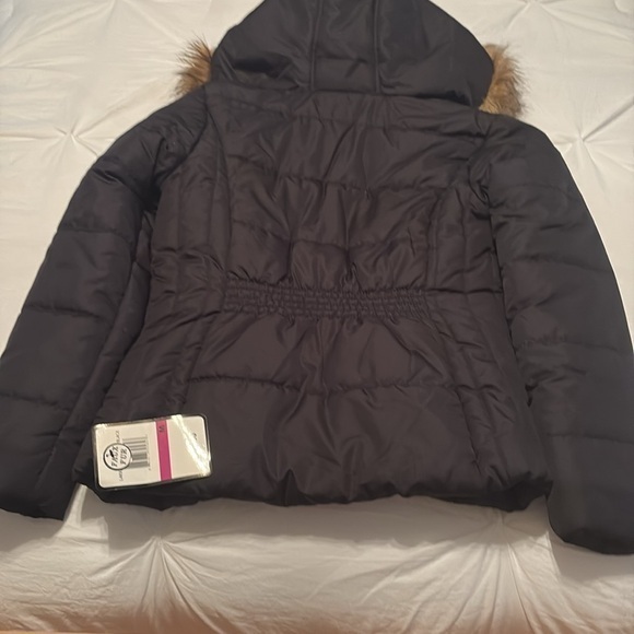 NWT Krush M faux fur hooded jacket zip up/ button up black/ pink lining - Picture 2 of 8